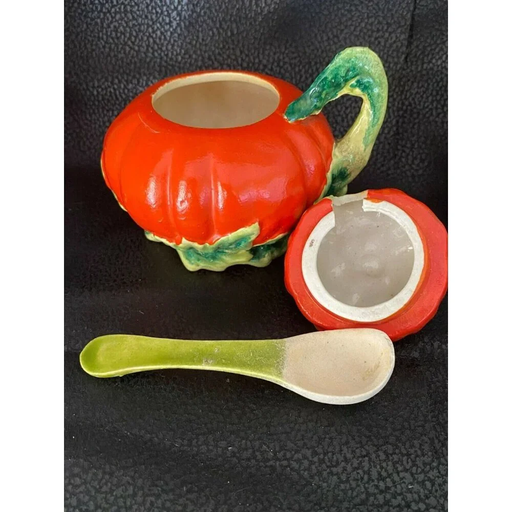 Vintage Pumpkin Tomato Salt Pepper Cream & Sugar 5‎ Pc Set - Made In Japan